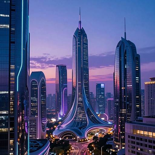 Photograph of a futuristic cityscape at dusk, featuring illuminated skyscrapers with neon blue and purple lights, a prominent curved skyscraper, and a