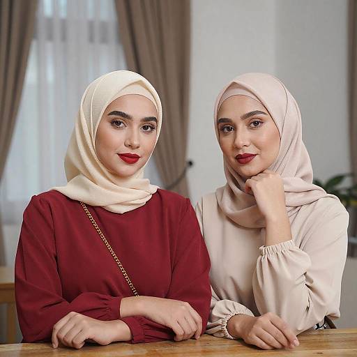 Portrait of Two Women in Beige Hijabs