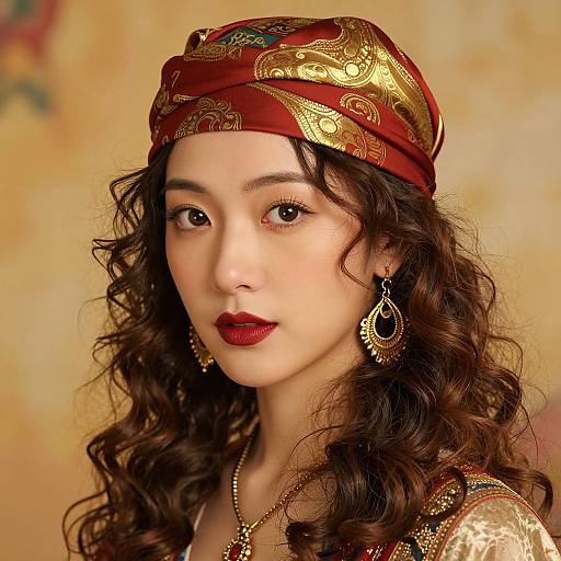 Digital portrait of an Asian woman with curly brown hair, wearing a red and gold patterned headscarf, ornate earrings, and red lipstick,