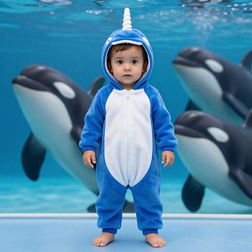 Photograph of a baby in a blue orca onesie with white chest, standing underwater, surrounded by three orcas.
