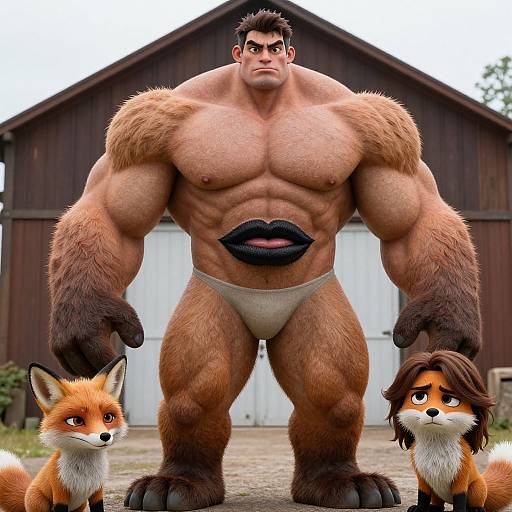 CGI image of a muscular, anthropomorphic man with fox fur, black lip print on chest, wearing underwear, flanked by two small foxes