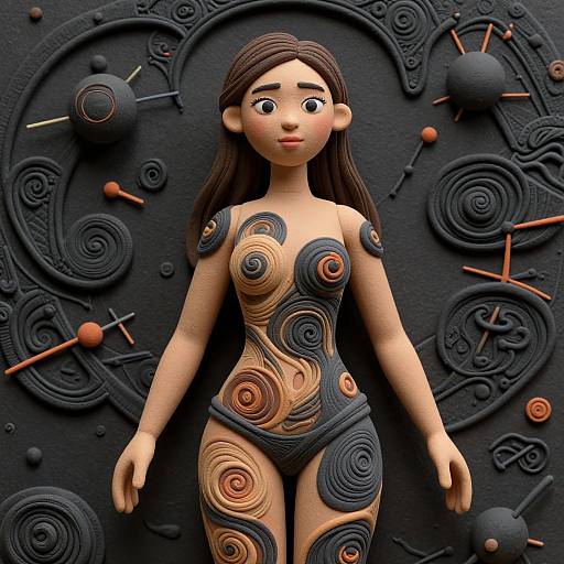 Digital CGI art of a stylized woman with long brown hair, large eyes, and patterned black, brown, and orange abstract body against a dark