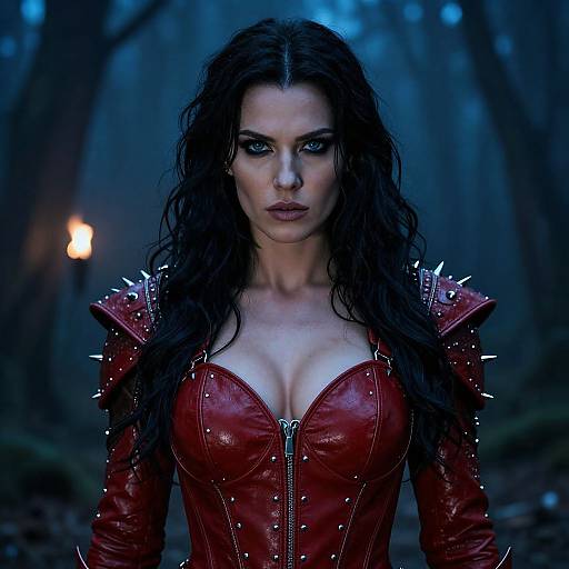 Photograph of a dark-haired woman with intense blue eyes, wearing a spiked, red leather corset, standing in a misty, blue-tint