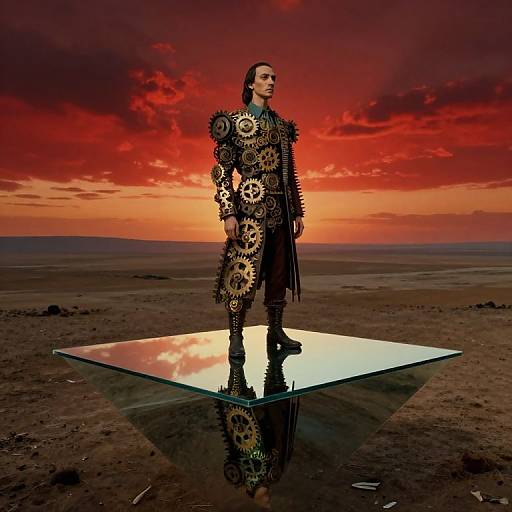Photograph of a woman in a black, metallic, gear-patterned outfit standing on a reflective platform against a dramatic red and orange sunset sky over a