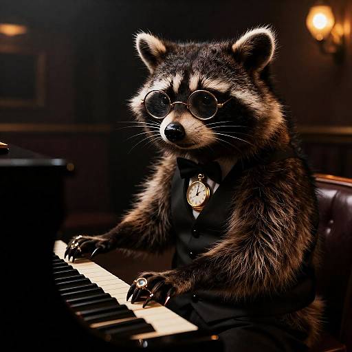 Dapper Raccoon at Jazz Grand Piano