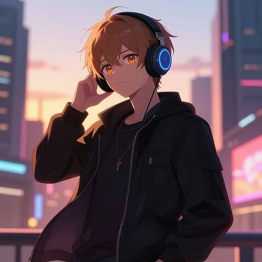 Digital anime-style drawing of a brown-haired, amber-eyed boy with headphones, black hoodie, and cross necklace, standing in a neon-lit cityscape