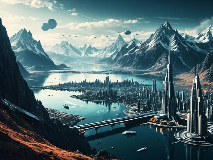 Futuristic Cityscape with Lake and Mountains
