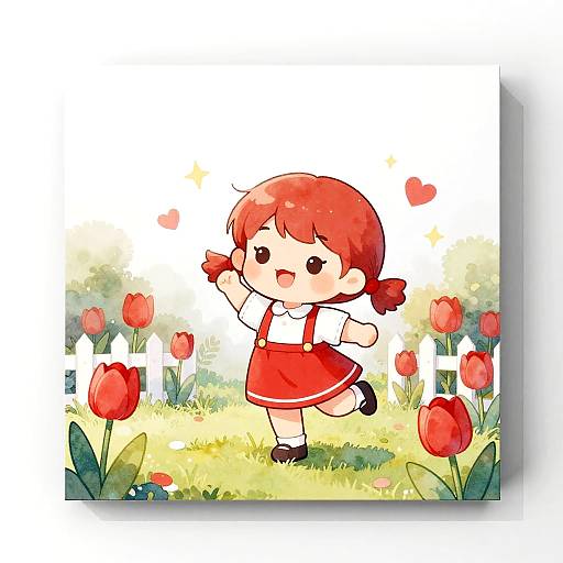 Watercolor Cartoon Girl Dancing in Tulip Garden