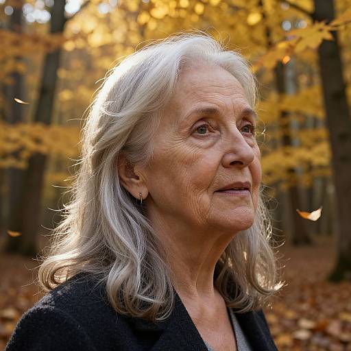 Photograph of an elderly woman with silver hair, wearing a black coat, standing in a forest with autumn leaves glowing in sunlight.