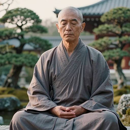 Photograph of an elderly Asian man with bald head, closed eyes, wearing a gray traditional kimono, sitting cross-legged in a serene Japanese garden.