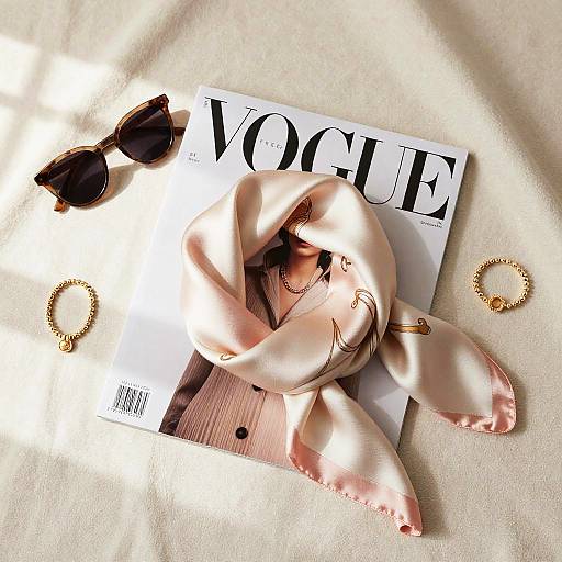 Photograph of a Vogue magazine with a pink silk scarf, black sunglasses, and gold bangles on a white textured surface.