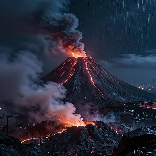 Photograph of a nighttime volcano eruption with bright orange lava flows, thick black and white smoke, and rain streaks against a dark sky.