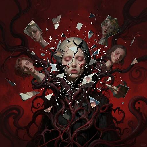 Digital artwork of a shattered face with broken mirror pieces, surrounded by three ghostly female faces, against a dark red, swirling background.