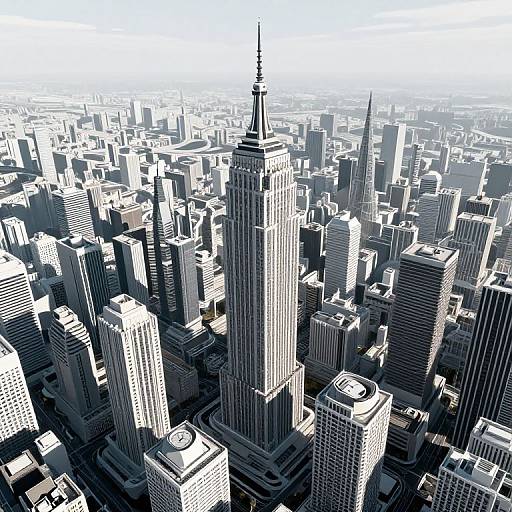 Aerial photograph of a monochromatic, sunlit New York City skyline, emphasizing the Empire State Building's central, towering presence amid densely packed skys