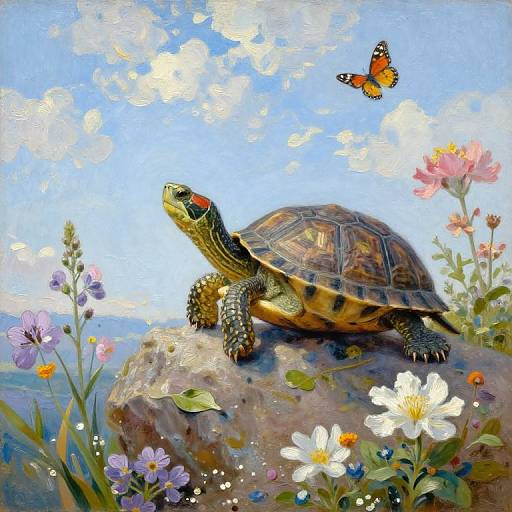 Tortue Contemplative en Peinture Impressionniste
