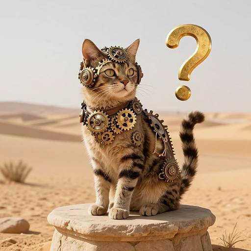 Photograph of a striped tabby cat wearing steampunk gear, including gears and a headpiece, sitting on a stone pedestal in a desert with