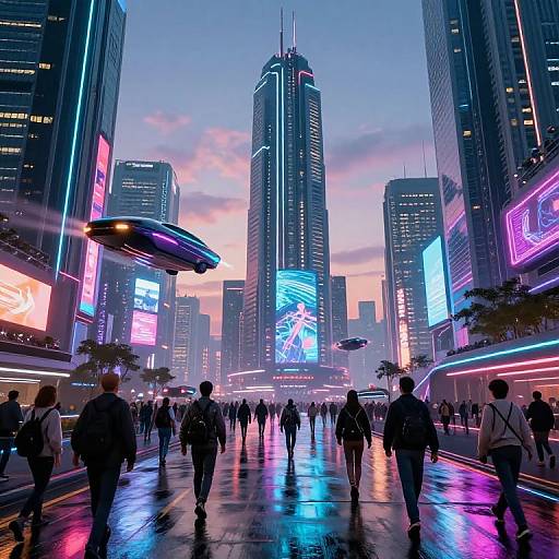 Neon-lit city street at dusk, futuristic skyscrapers with vibrant digital billboards, crowds walking on reflective wet pavement, cyberpunk style,