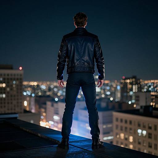 Photograph of a man in a black leather jacket, standing on a rooftop at night, facing a cityscape with glowing lights.