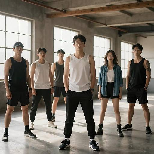Group of young adults in casual athletic wear indoors