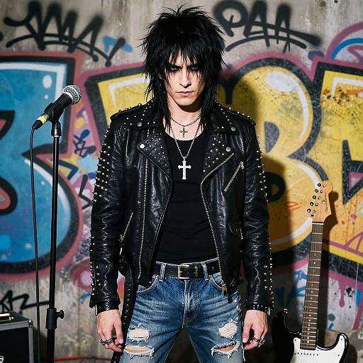 Photograph of a punk rocker with spiky black hair, black leather jacket, ripped jeans, cross necklace, standing in front of graffiti-covered wall with
