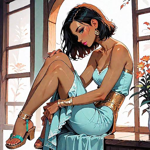 Elegant woman in strapless blue maxi dress sitting by arched window