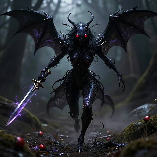 Digital artwork of a dark, demonic figure with glowing red eyes, black wings, and a glowing sword, walking through a misty forest with red orbs