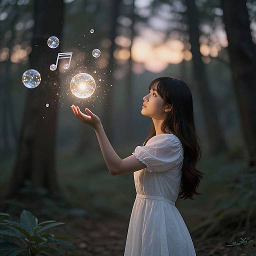 Photograph of a young woman with long brown hair in a white dress, gently holding glowing, musical bubbles in a magical forest at dusk.