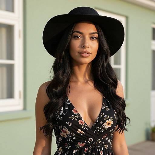 Photograph of a beautiful woman with long black hair, wearing a black wide-brimmed hat and a floral black dress with a deep V-neck,