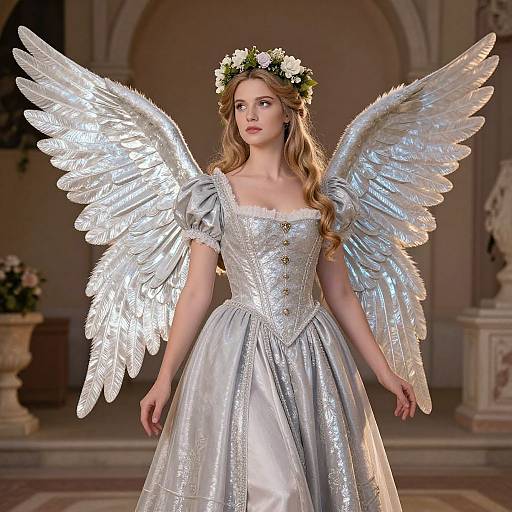 Photograph of a fair-skinned, blonde-haired woman with large, silver angel wings, wearing a sparkling silver dress and flower crown, standing in an