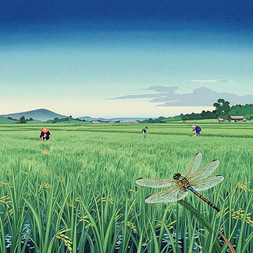 Digital painting of a vibrant green rice field with three people harvesting, a dragonfly in the foreground, and a clear blue sky.