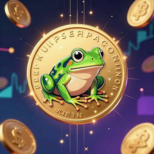 Digital illustration of a shiny, gold coin featuring a cartoon green frog with black spots, surrounded by floating coins on a blue, glowing background. Text reads