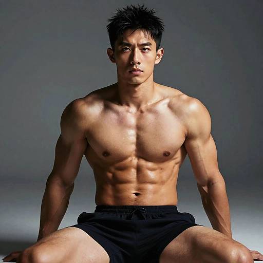 Photograph of a muscular, shirtless East Asian man with short black hair, sitting with legs apart, wearing black shorts, against a gray gradient background