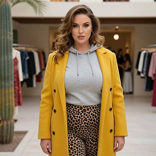 Photograph of a woman with wavy brown hair, wearing a yellow coat, gray hoodie, and leopard print pants, standing in a stylish outdoor clothing