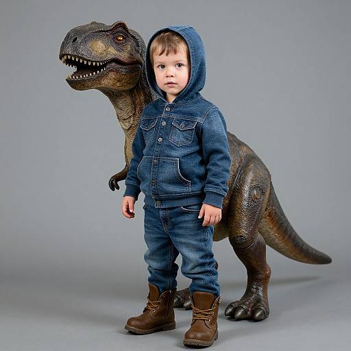 Photograph of a toddler in a blue denim hoodie and pants, standing beside a realistic dinosaur toy with gray scales and sharp teeth, against a plain gray