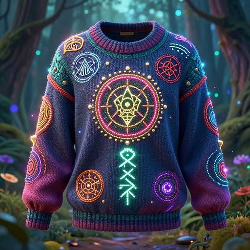 Digital artwork of a glowing, colorful, knitted sweater with neon magical symbols in a mystical forest, featuring vibrant lights and intricate designs.