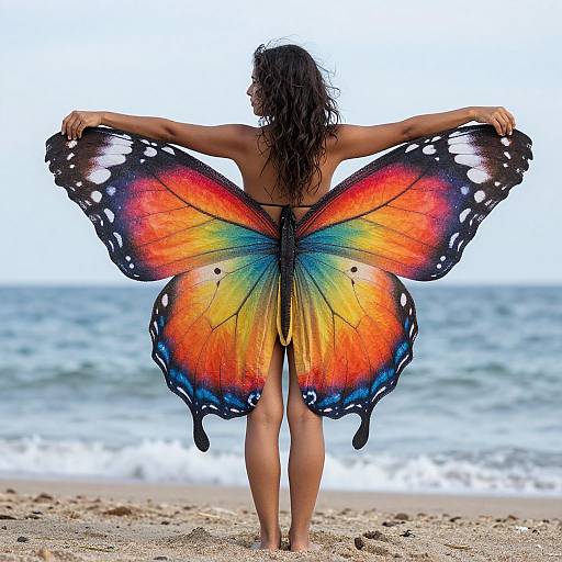 Photograph of a woman with long, curly hair standing on a beach, wearing large, vibrant, multicolored butterfly wings, facing the ocean.