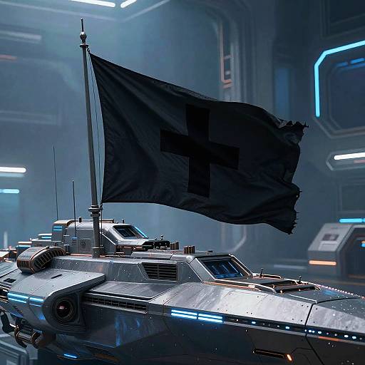 Futuristic Warship with Black Cross Flag