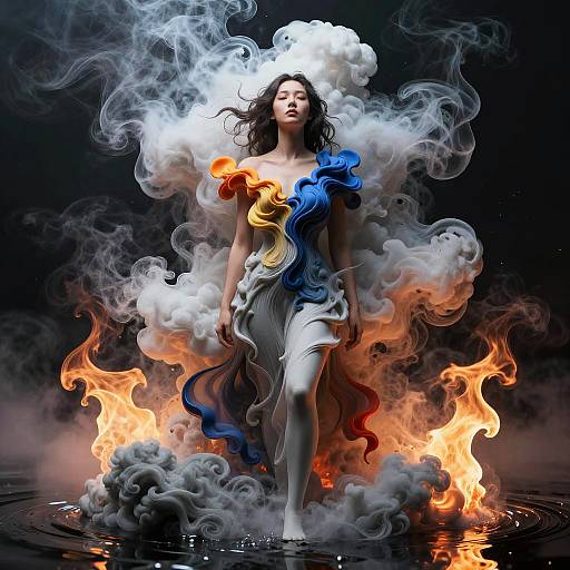 Photorealistic digital artwork of a woman with flowing black hair, wearing a smoke and fire-embellished dress, standing in water, surrounded by