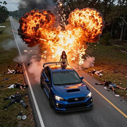 Photograph of a woman sitting on a blue car's hood, with massive orange explosion behind her, on a rural road with scattered debris.