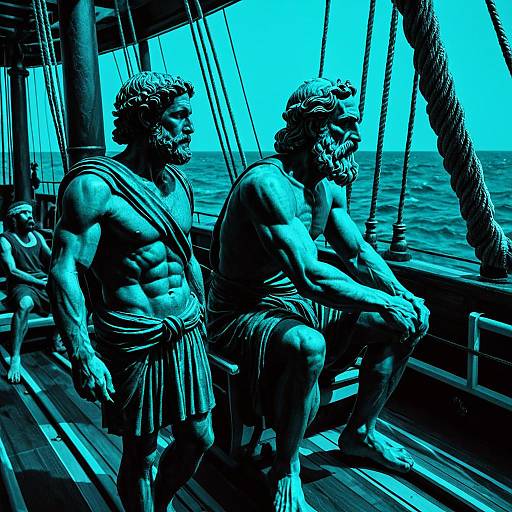 Neon Teal Michelangelo Style Odysseus and Homer on Ship