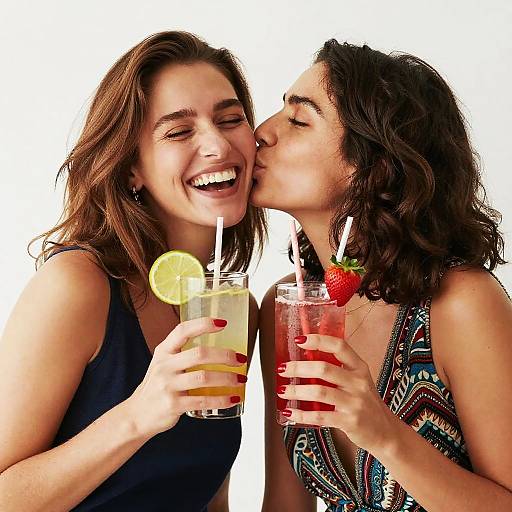 Photograph of two smiling women, one with brown hair and black dress, the other with dark hair and patterned dress, kissing while clinking colorful
