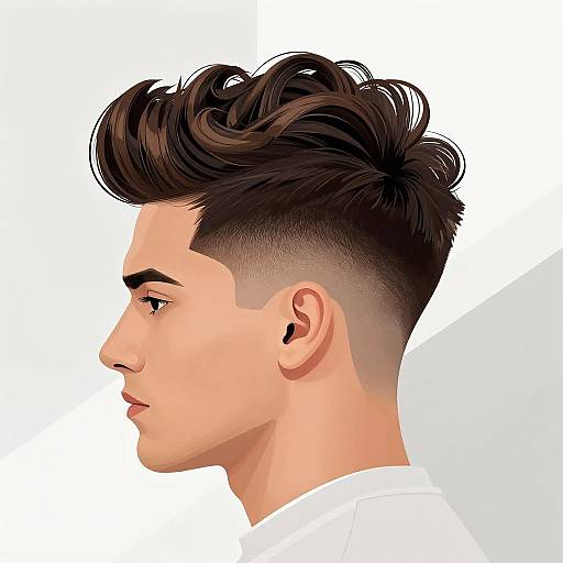 Digital portrait of a young man with short, dark, wavy hair, side profile, light skin, white shirt, and white background.