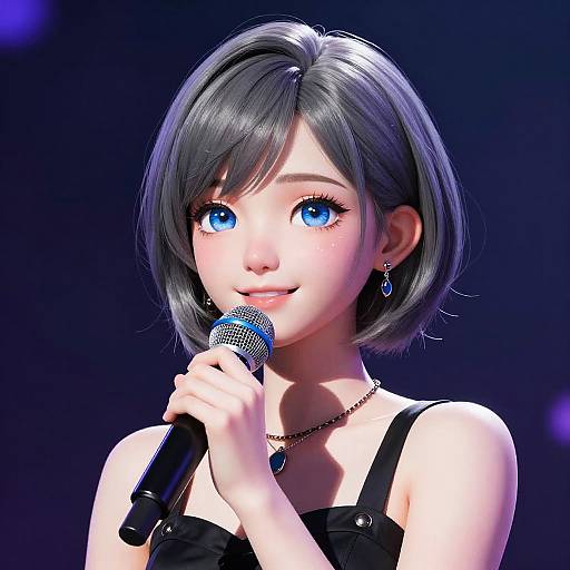 Digital CGI of a cute, young Asian woman with blue eyes, black bob haircut, singing into a microphone, wearing black strap dress and earrings, against