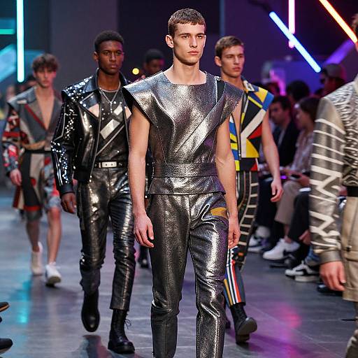 Photograph of a male fashion runway show featuring a model in shiny black metallic sleeveless jumpsuit, surrounded by other models in colorful, reflective outfits.