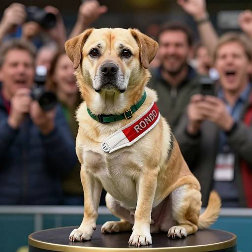Photograph of a tan and white Labrador Retriever with a red 