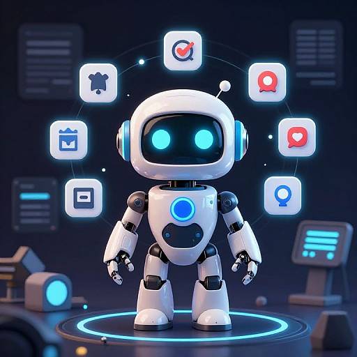 CGI image of a cute, glowing blue-eyed robot with white and black segments, standing on a circular blue platform, surrounded by hovering app icons in