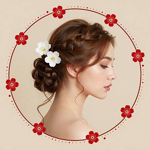 Photograph of a fair-skinned woman with braided brown hair, white flower, red floral frame, closed eyes, and neutral expression.