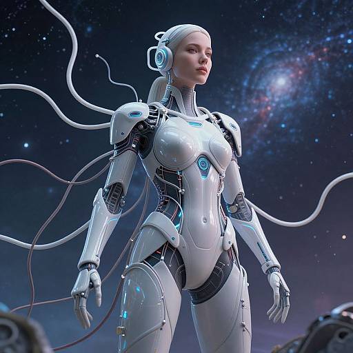CGI image of a white, futuristic, robotic woman with glowing blue accents, wires, and headphones, standing against a starry galaxy background.