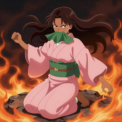 Fierce Anime Woman Surrounded by Flames