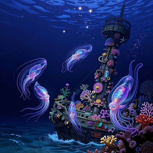 Vibrant digital illustration of a ship covered in colorful coral and seaweed, surrounded by glowing, transparent jellyfish in a deep blue ocean at night